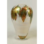 Lise B Moorcroft Gilt Metal Vase: Vase dated 2015 with Feather decoration, firing crack,