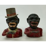 Early 20th century Cast Iron Jolly Man Money Banks: Money Banks, one with unusual top hat.