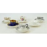 Six Cauldon cups (mostly coffee cans) and saucers: Cauldon china pieces, one cup damaged. C1900.