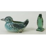 Beswick blue glazed Penguin and a Bird Jug: Beswick model of a small penguin and a water jug