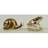 Royal Crown Derby Paperweights: Paperweights to include Garden Snail and Old Imari Frog,