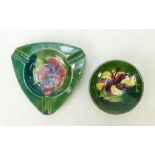 Moorcroft Hibiscus dishes: Walter Moorcroft dish and ashtray decorated in the Hibiscus design.