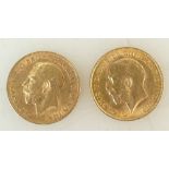 Two Half Sovereign gold coins: George V dated 1911 & 1914.