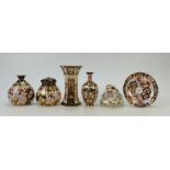A collection of Royal Crown Derby: Imari vases, Royal Crown Derby dish,