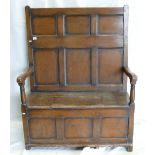 18th century pine country Settle: Pine Settle, with lift up lid, h145 x d50 x w114cm.