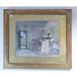 Watercolour - Frank Abrahams: A lady doing the washing inside,