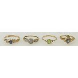 4 x 9ct gold gem set rings: Alexandrite or similar purple heart shaped stone size P,