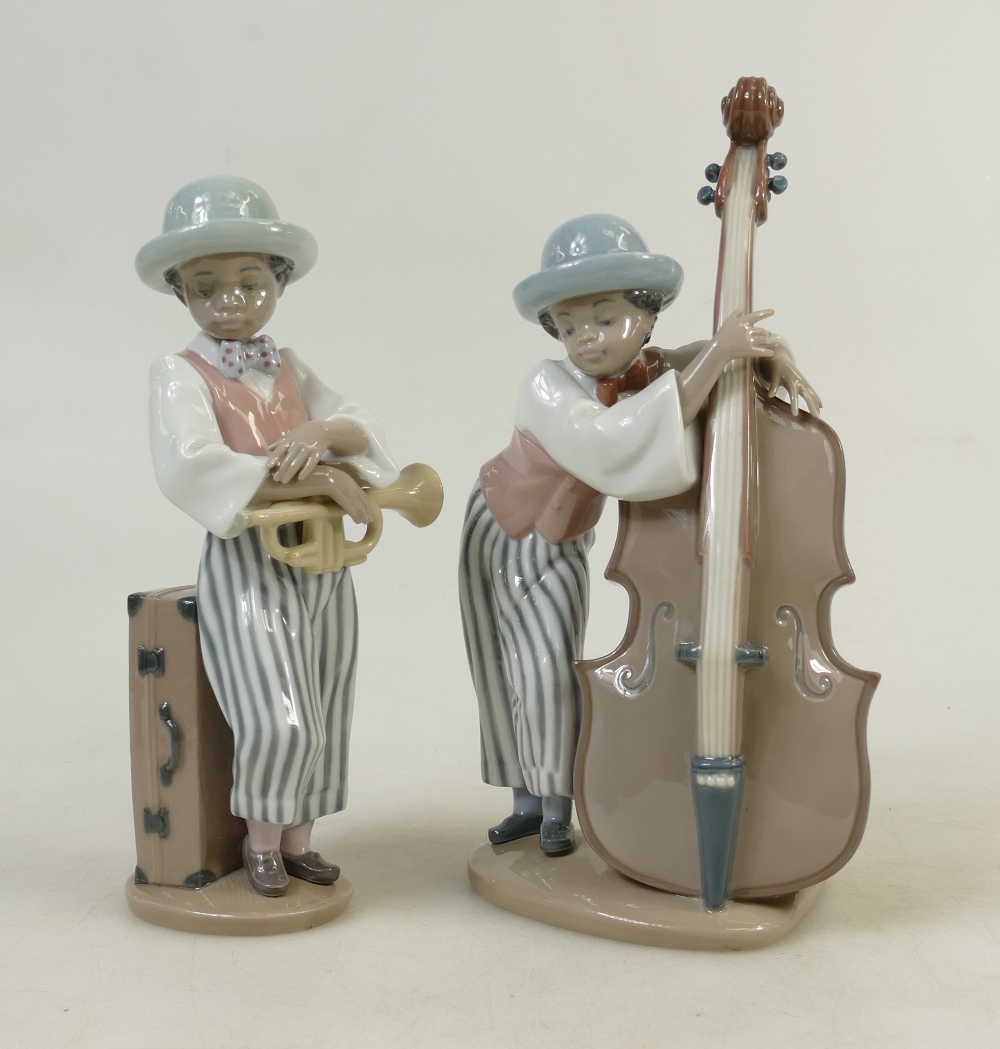 Lladro Jazz Band Figures: Lladro figures titled 'Jazz Horn' model 5832 and 'Jazz Sax' model 5833