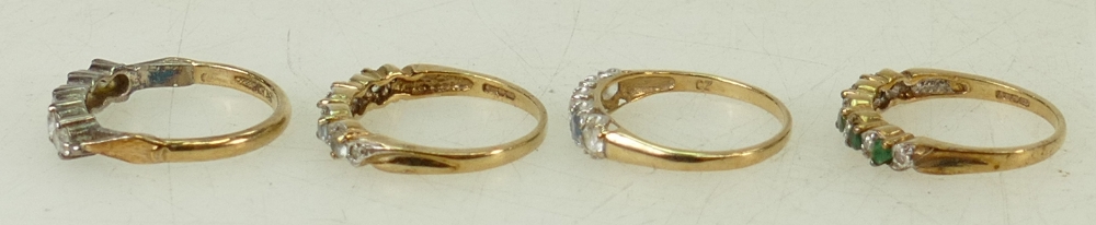 4 x 9ct gold gem set rings: White gem 5 stone size P, diamond & aquamarine (or similar) P, - Image 2 of 3