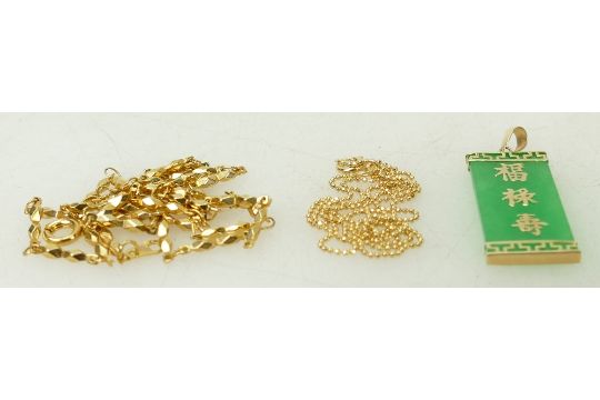 14ct & Jade Pendant & 18ct chain and one other chain: 14 ct gold