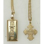 9ct gold chains & pendants: Two 9ct gold fine chains & small pendants, gross weight 15.4g.