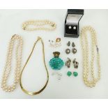 Group of jewellery including 9ct & pearls: 3 pairs of cultured pearl stud earrings set in gold and