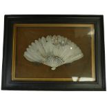 Framed Chinese fan: Hand painted feather fan in dark frame, measuring 44cm x 50cm overall.