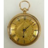 18ct fob watch: Watch with gold dial, overall weight 56.7 grams, dial diameter 4.5cm.