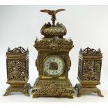 Early 20th century French brass Mantle clock garniture set: Garniture set with ornate clock,
