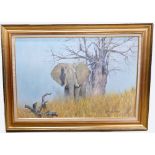 John Wynne Hopkins oil painting: Painting of elephants in gilt frame, dated 2008, 75 x 50cm.