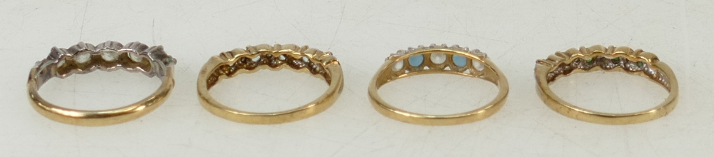 4 x 9ct gold gem set rings: White gem 5 stone size P, diamond & aquamarine (or similar) P, - Image 3 of 3