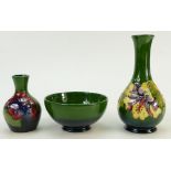 Moorcroft Vases & Small Bowl: Hibiscus pattern on green ground.