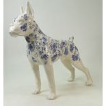 NH Pottery large model of a Boxer dog: Dog is hand decorated with blue & white chintz designs,