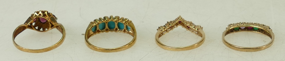 4 x 9ct gold gem set rings: Turquoise & diamond size P, diamond & red stone N, - Image 3 of 3