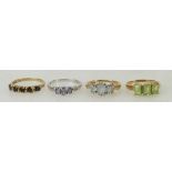 4 x 9ct gold gem set rings: Sapphire 5 stone size P, peridot 3 stone P,