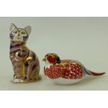 Royal Crown Derby paperweights: Pheasant and Seated cat, both with gold stoppers.