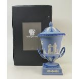 Wedgwood tri-colour Jasperware Urn & cover: Wedgwood two handled urn & cover in dark blue,