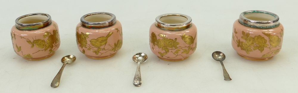 Pinder & Bourne cased 19th century pottery Salt Cellars: Salt Cellars with raised gilt decoration - Image 5 of 5