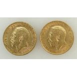2 x Half Sovereign gold coins: George V half sovereigns dated 1911 & 1913.