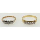 18ct & 9ct diamond rings: 18ct 5 stone ring 3.2g size R1/2, together with 9ct 5 stone ring 2.1g.