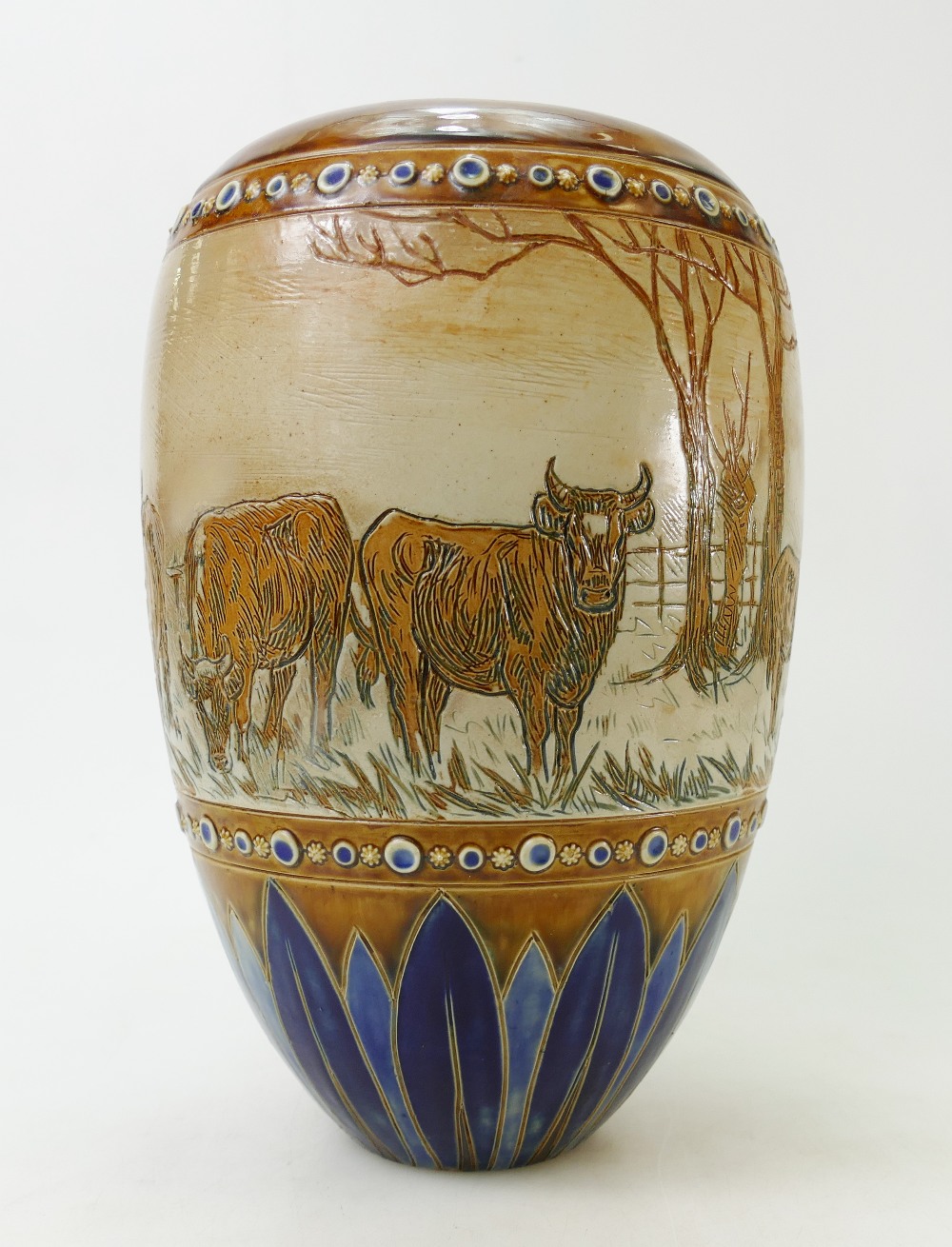 Royal Doulton Hannah Barlow vase: Vase by Royal Dolton decorated all around with cattle and donkeys