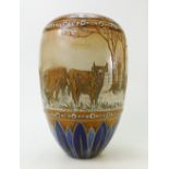 Royal Doulton Hannah Barlow vase: Vase by Royal Dolton decorated all around with cattle and donkeys