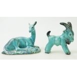 Beswick blue glazed Fawn and Goat: Beswick model of a seated fawn 721 and a Goat.