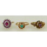 3 x 9ct gold gem set rings: A Diamond & red gemstone ring size P,