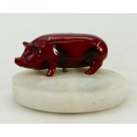 Royal Doulton Flambé Pig: Small early model of Flambé pig mounted on onyx tray base (one ear