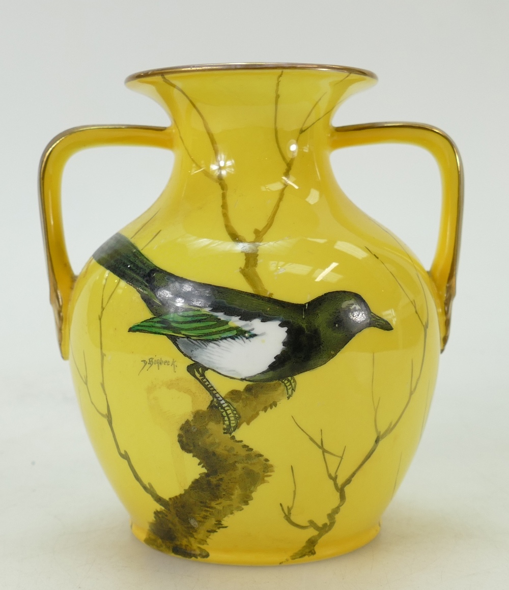 Cauldon hand decorated two handled bulbous vase: Bulbous Cauldon vase decorated with a Magpie in