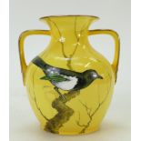 Cauldon hand decorated two handled bulbous vase: Bulbous Cauldon vase decorated with a Magpie in