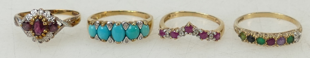 4 x 9ct gold gem set rings: Turquoise & diamond size P, diamond & red stone N,