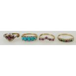 4 x 9ct gold gem set rings: Turquoise & diamond size P, diamond & red stone N,