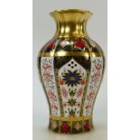 Royal Crown Derby Imari Vase: Solid Gold Band Golden Passiflora vase height 20cm.