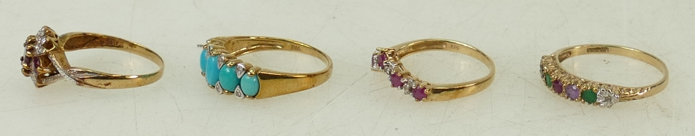 4 x 9ct gold gem set rings: Turquoise & diamond size P, diamond & red stone N, - Image 2 of 3