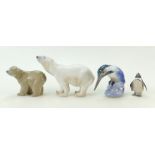 Royal Copenhagen and Lladro animals: Bing and Grondahl Kingfisher on a rock, Polar bear,