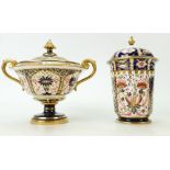 Royal Crown Derby lidded vases / pots: Two Crown Derby vases or pots with lids, 14cm high max.