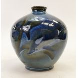 Cobridge Stoneware vase: Stoneware vase decorated with swimming Dolphins dated 1998, height 17cm.