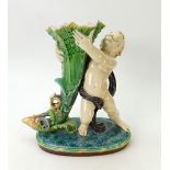 Minton Majolica figure group of Cupid: Cupid holding shell, 19th century,