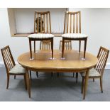 G Plan extending Teak dining table and six chairs: Dining set by G Plan (extends to 210cm) x 210cm.