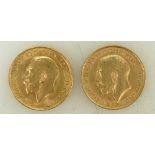 Two Full gold Sovereign coins: George V dated 1911 & 1913.