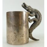 Silver mug with crocodile handle: Mug marked 925 with makers G Raspini, height 13cm, 308 grams.