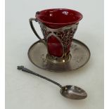 Royal Doulton Flambé coffee can: Coffee can with silver overlay, silver saucer and spoon.