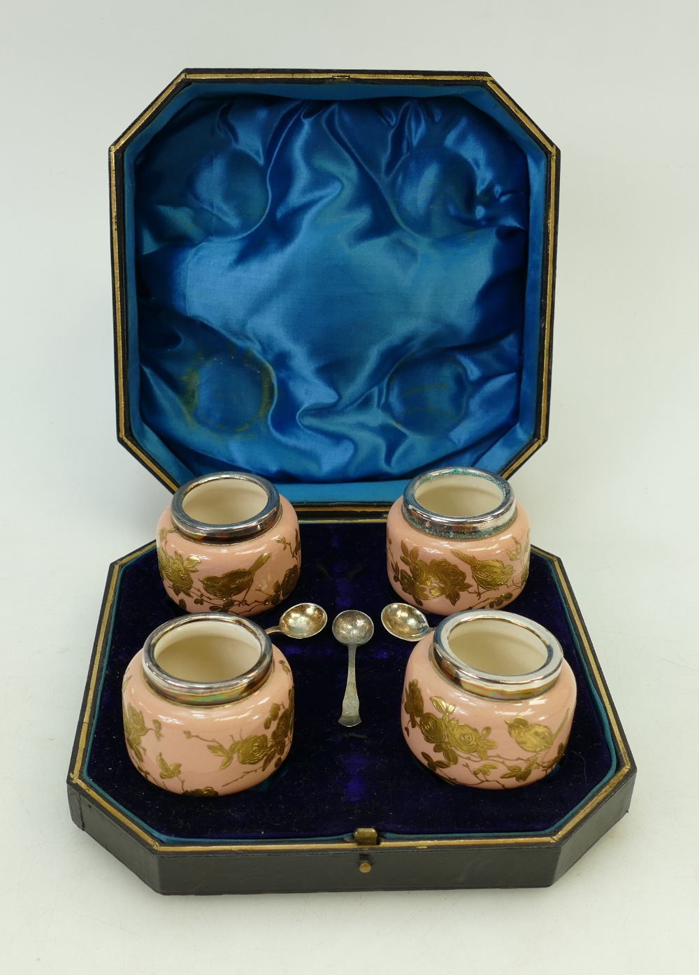 Pinder & Bourne cased 19th century pottery Salt Cellars: Salt Cellars with raised gilt decoration